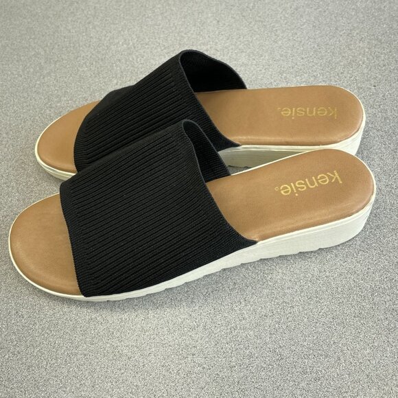 NWOB Kensie Women's Size 9M Black Wedge Slide Sandals Textile Upper - Picture 1 of 7